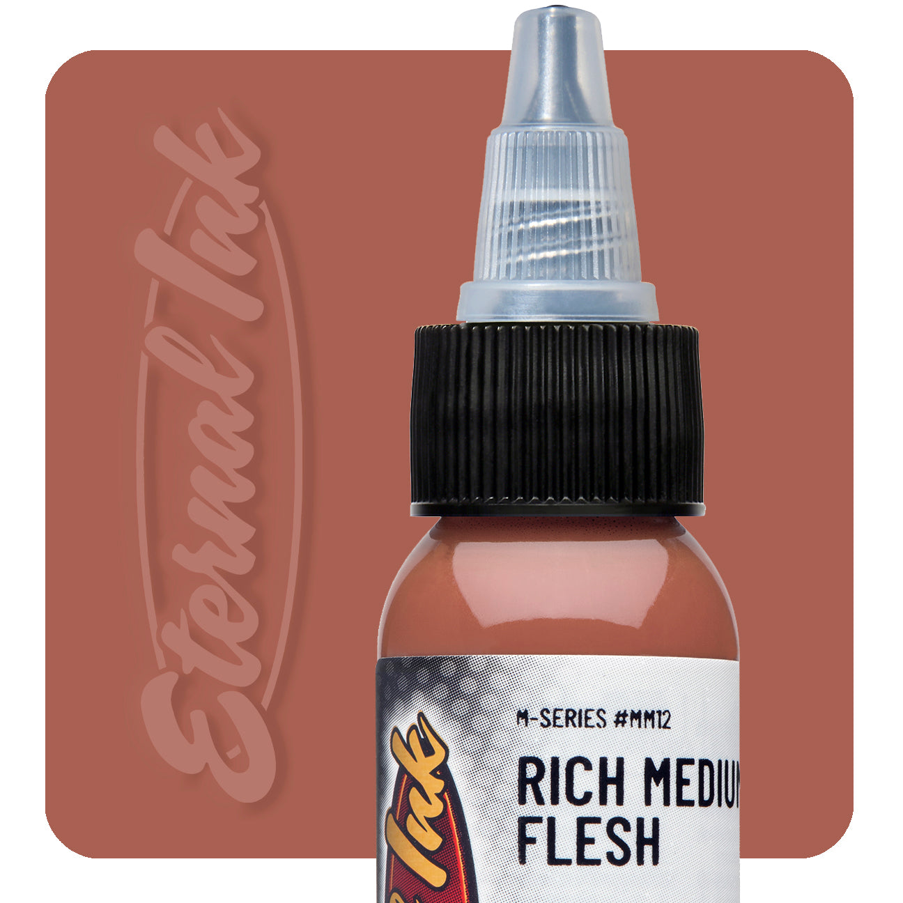 Bottle of Rich Medium Flesh tattoo ink with 'Eternal Ink' branding on a brown background