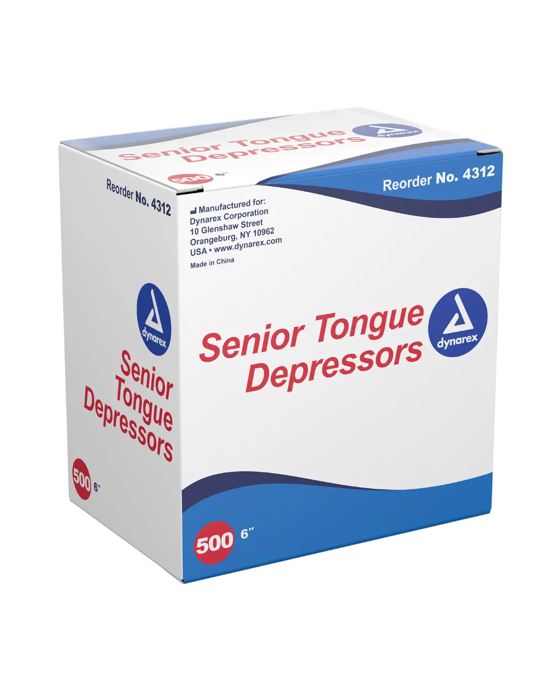 Box of Senior Tongue Depressors with Dynarex branding on a white background
