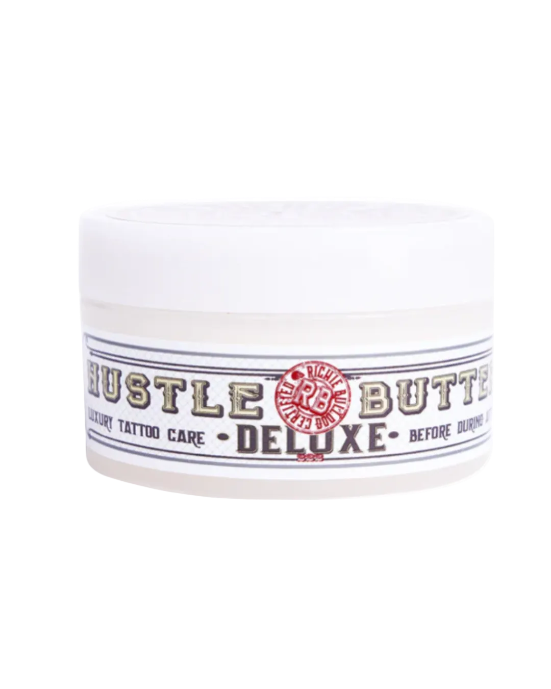 A container of Hustle Butter tattoo care cream, labeled for deluxe size before and after tattoo application.