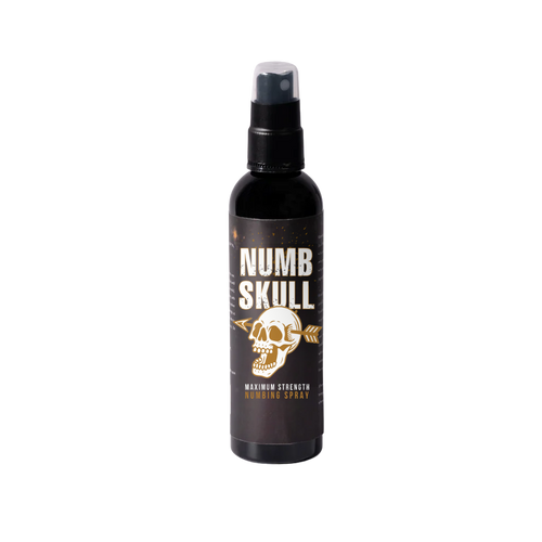 Bottle of Numb Skull numbing spray on a white background