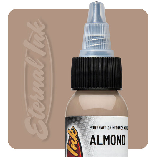 Tattoo ink bottle labeled 'Almond' with a beige color swatch on a brown background.