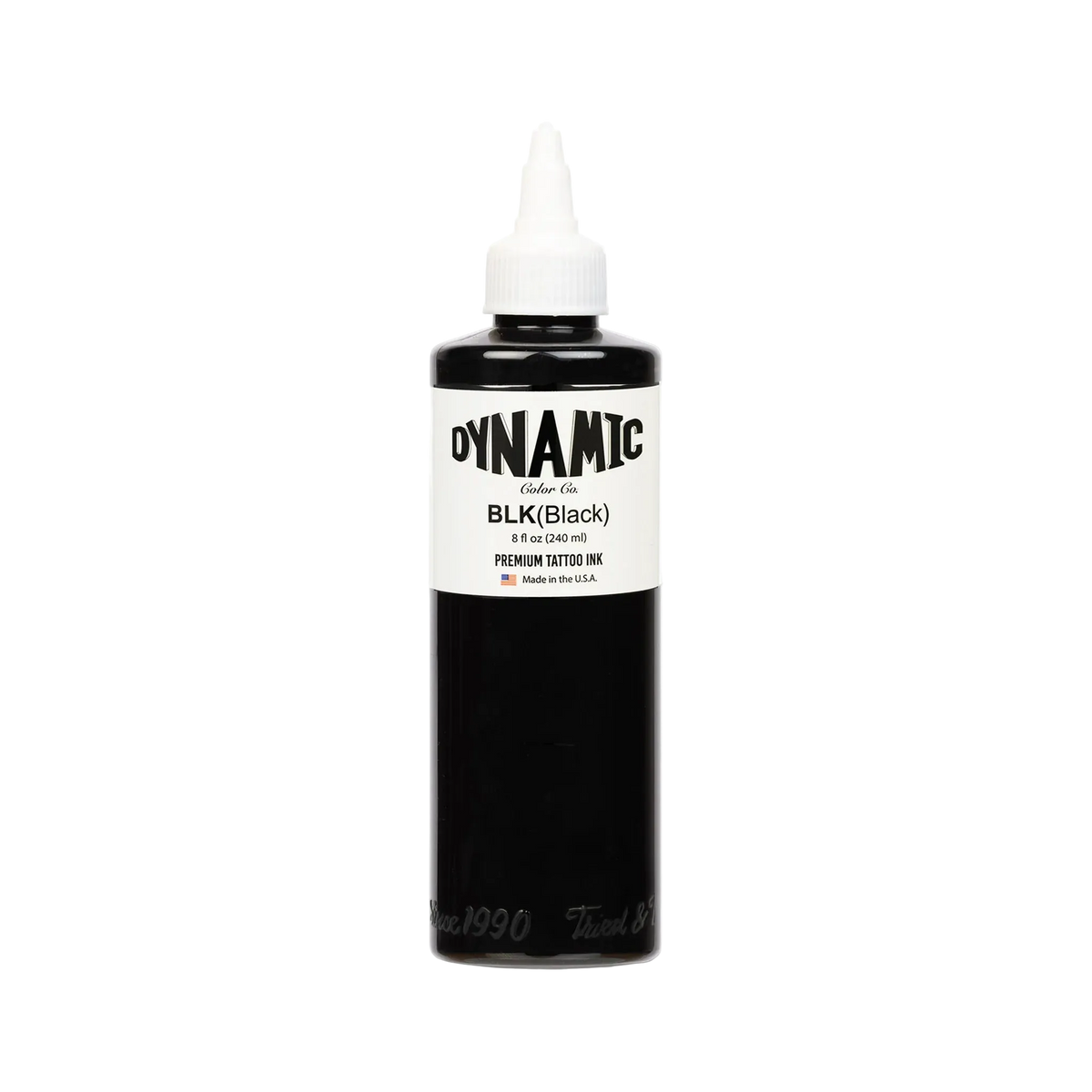 Bottle of Dynamic Black tattoo ink on a white background