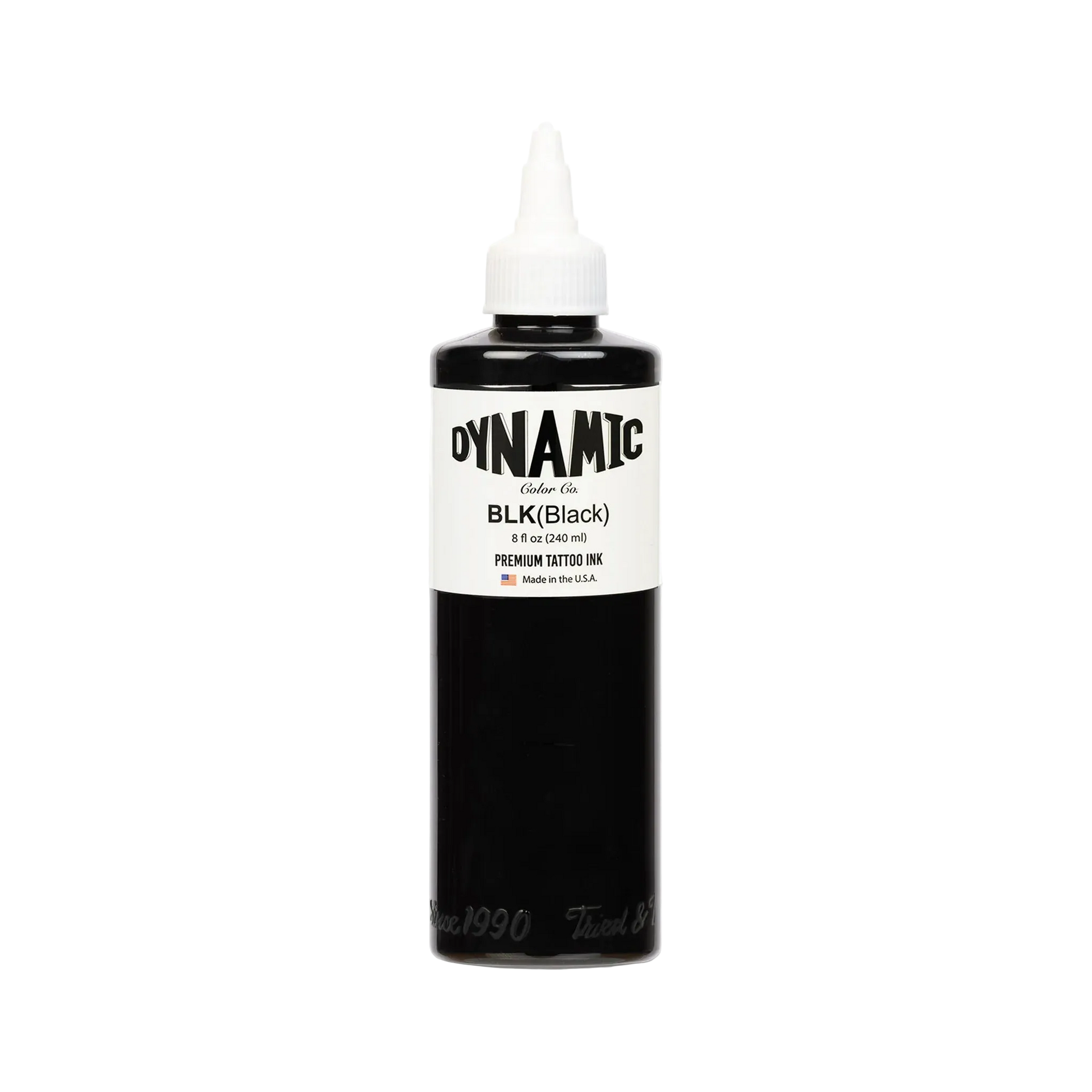 Bottle of Dynamic Black tattoo ink on a white background