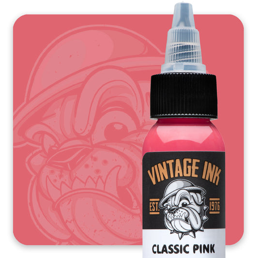 Vintage Ink Classic Pink tattoo ink bottle with a red background featuring a tattoo design.