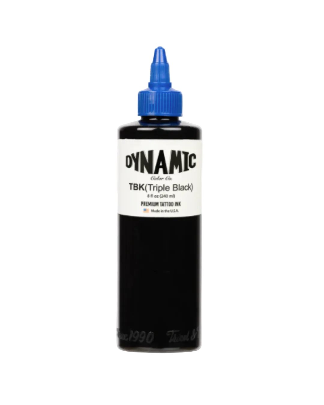 Bottle of Dynamic Tattoo Ink with blue cap on a white background