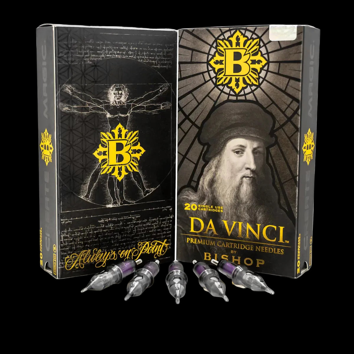 Two boxes of Da Vinci premium cartridge needles by Bishop, featuring images and branding.