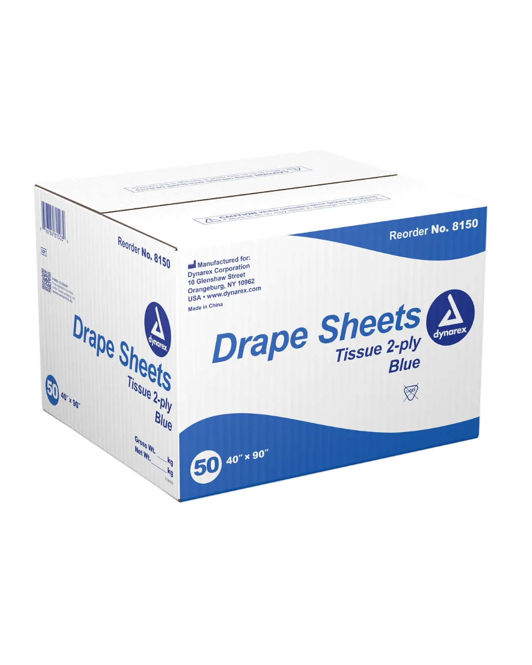 A box of Drapes Dynarex medical bedding, with blue and white packaging.