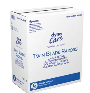 Box of dyna Care twin blade razors on a white background
