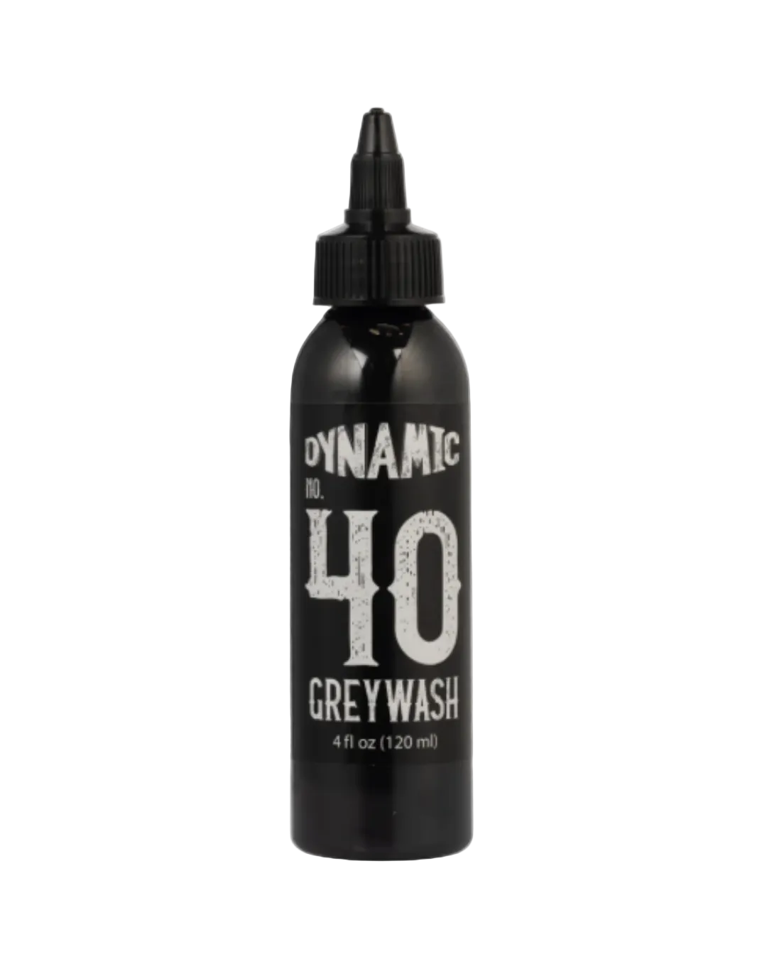 A black bottle labeled 'DYNAMIC 40 GREY WASH' with a dispensing tip, intended for tattooing.