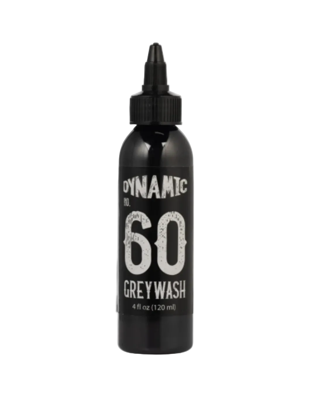 A black bottle labeled 'DYNAMIC WASH 60 GREY WASH' with a dropper cap, indicating it is a product for tattooing or piercing.