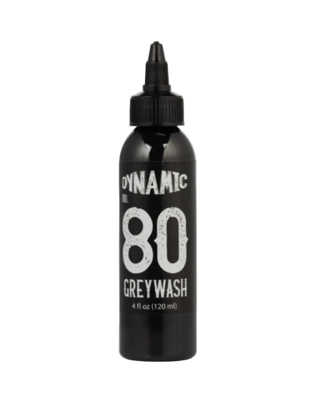 A black bottle labeled 'DYNAMIC WASH 80 GREY WASH' with a dropper cap, indicating it is a 4 fluid ounce (120 ml) bottle.