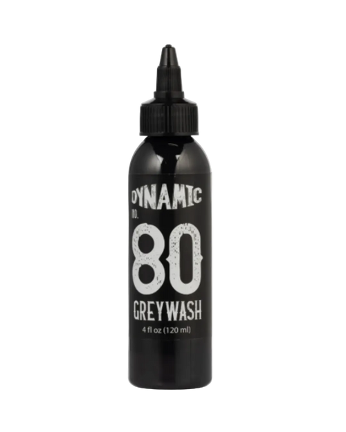 A black bottle labeled 'DYNAMIC WASH 80 GREY WASH' with a dropper cap, indicating it is a 4 fluid ounce (120 ml) bottle.