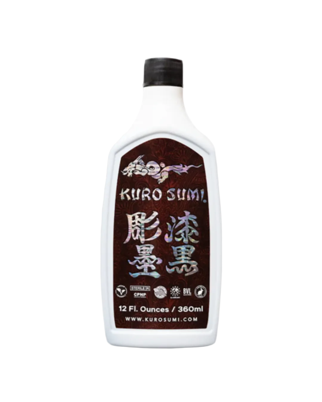 A bottle of Kuro Sumi tattooing ink, 12 fl. oz. size, with label information in English and Japanese.
