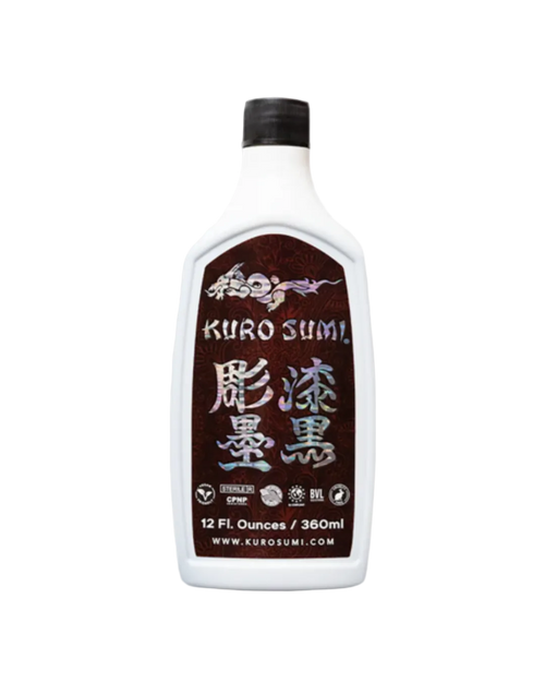 A bottle of Kuro Sumi tattooing ink, 12 fl. oz. size, with label information in English and Japanese.