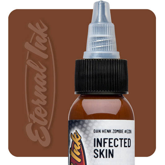 Bottle of 'Infected Skin' tattoo ink with 'Eternal Ink' branding on a brown background