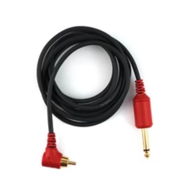 Black audio cable with red and gold connectors on a white background