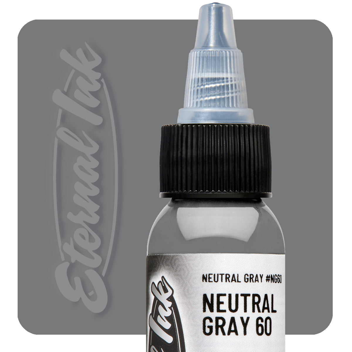 Bottle of Eternal Ink Neutral Gray tattoo ink on a gray background