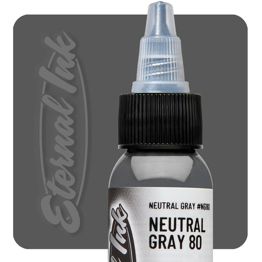 Bottle of Eternal Ink Neutral Gray 80 tattoo ink with a gray background