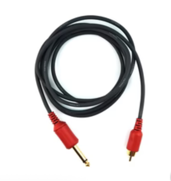 Black audio cable with red and gold connectors on a white background