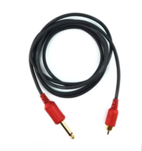 Black audio cable with red and gold connectors on a white background