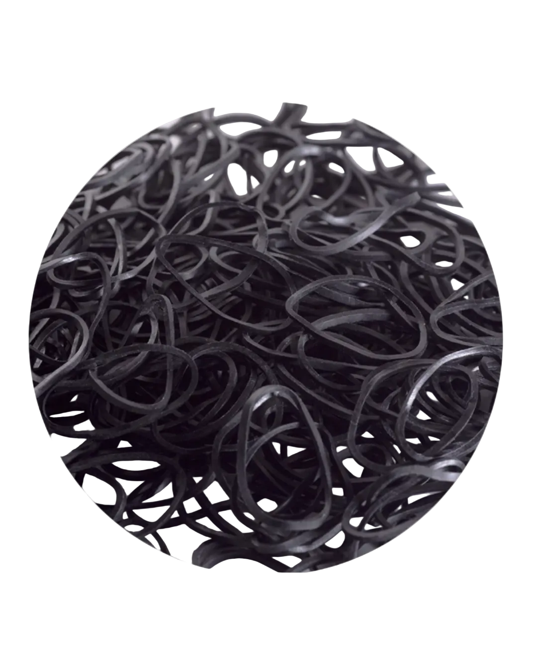 A close-up of a pile of black rubber bands.