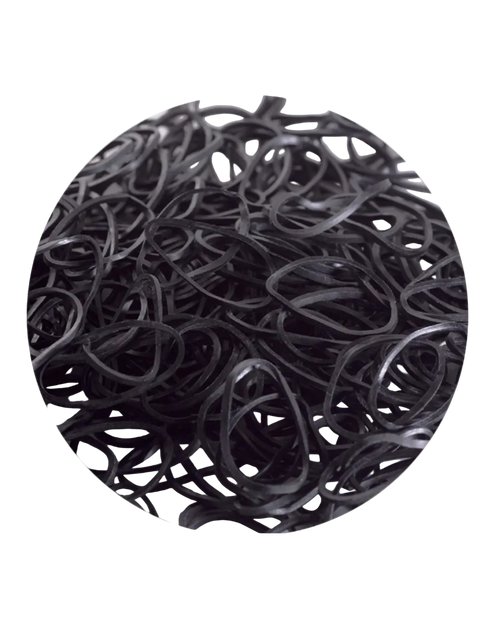 A close-up of a pile of black rubber bands.