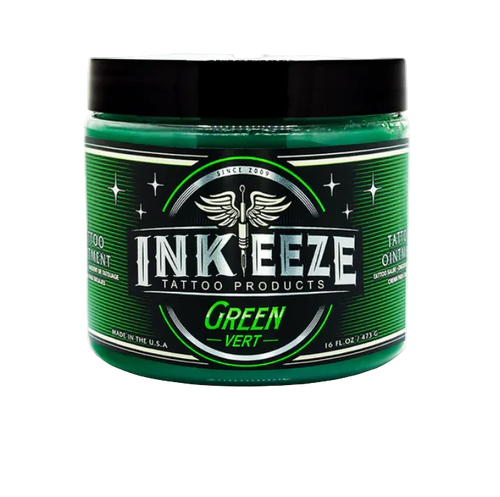 A container of Inkeeze tattoo products, specifically GREEN Glide, which is intended for tattooed skin care.
