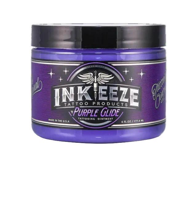 A container of Inkeeze Purple Glide tattooing glycerin, 6 oz size, with a purple label.