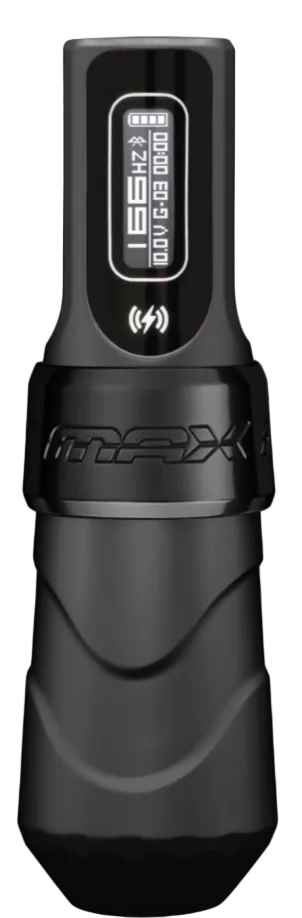 A black tattoo machine with a digital display and the brand name 'FK Irons' written on it.