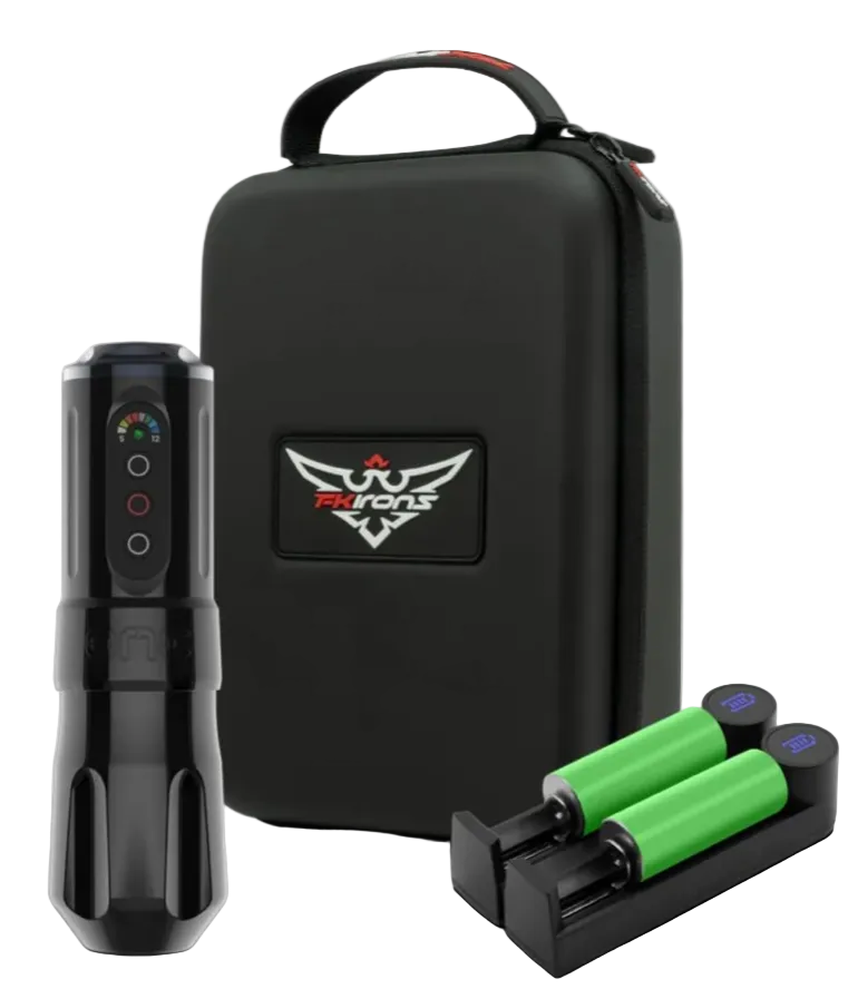 A black tattoo machine stealth with a digital display and red logo, accompanied by two green tattoo machine batteries, all contained in a black carrying case with the logo 'Rians' on the front.