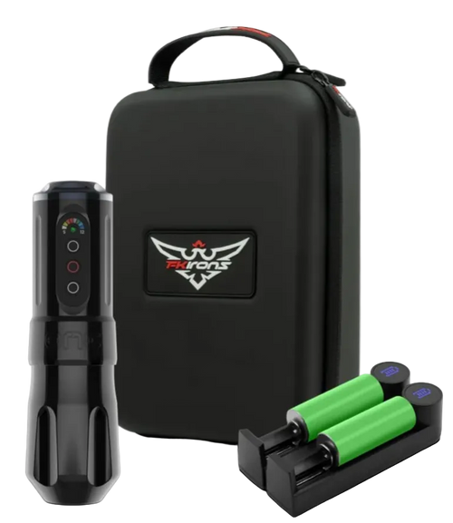 A black tattoo machine stealth with a digital display and red logo, accompanied by two green tattoo machine batteries, all contained in a black carrying case with the logo 'Rians' on the front.