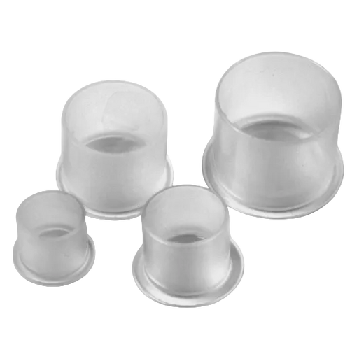 A set of four small, clear ink caps for tattooing, displayed on a white background.