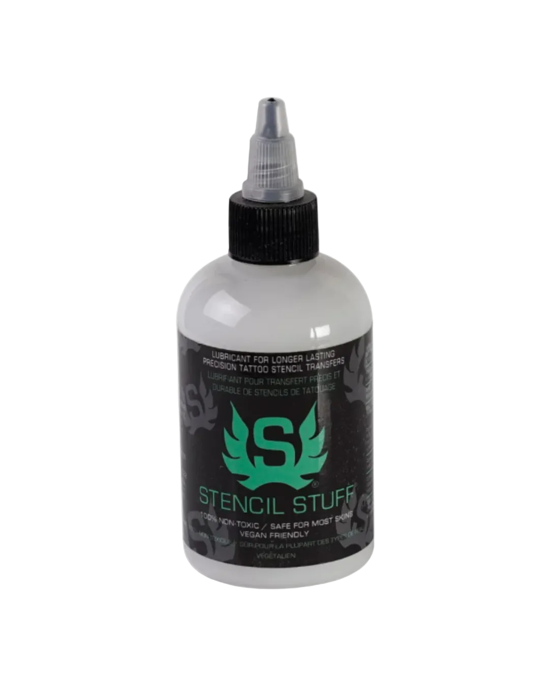 A bottle of Stencil Stuff tattooing ink by Union Tattoo Supply, with a white background and a green label featuring a graphic of a butterfly and text detailing the product as 8 oz.
