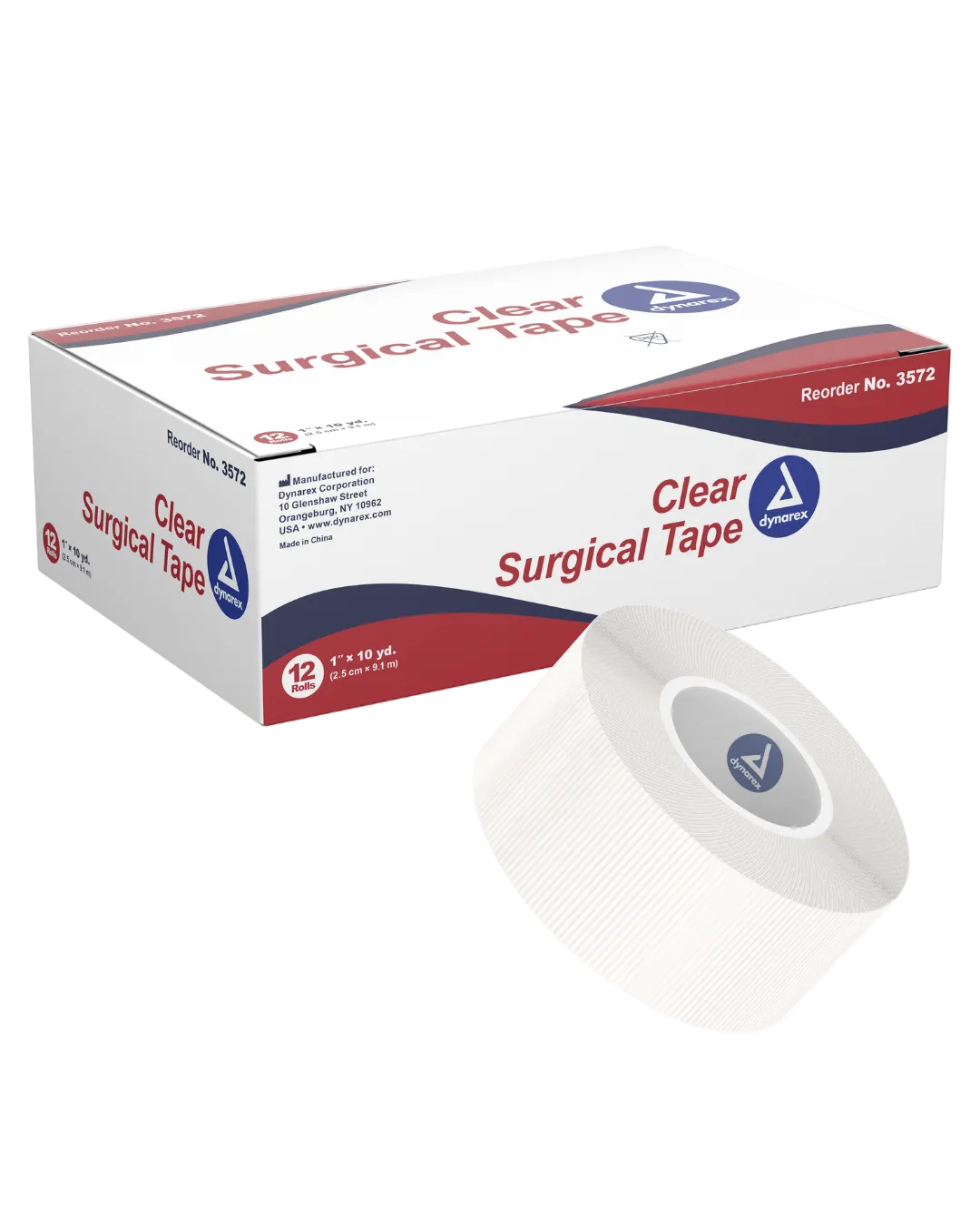 A box of clear plastic surgical tape with a roll partially unwrapped in front of the box. The box is labeled with the product name and quantity.