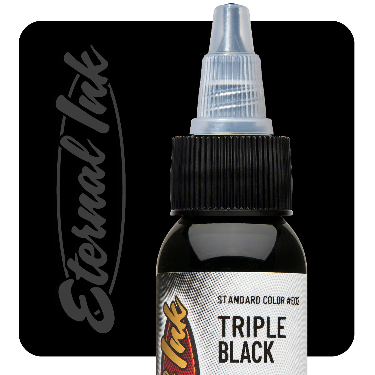 Bottle of Eternal Ink Triple Black tattoo ink with brand logo on a black background