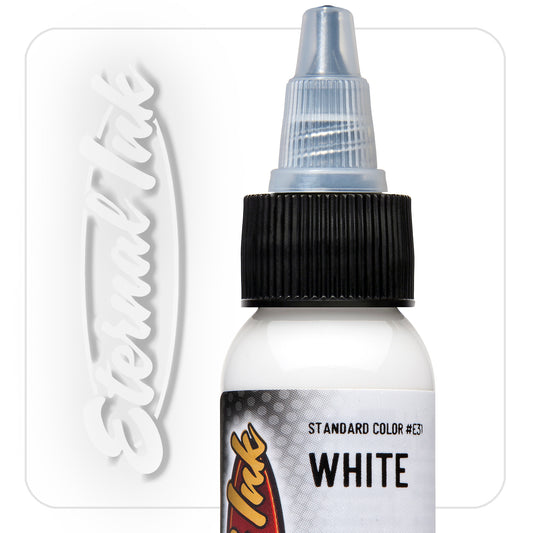 White tattoo ink bottle with black cap and 'Flake' branding on a white background