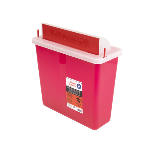 A pink SHARPS container with a white lid, designed for the disposal of sharp objects and biohazard materials.
